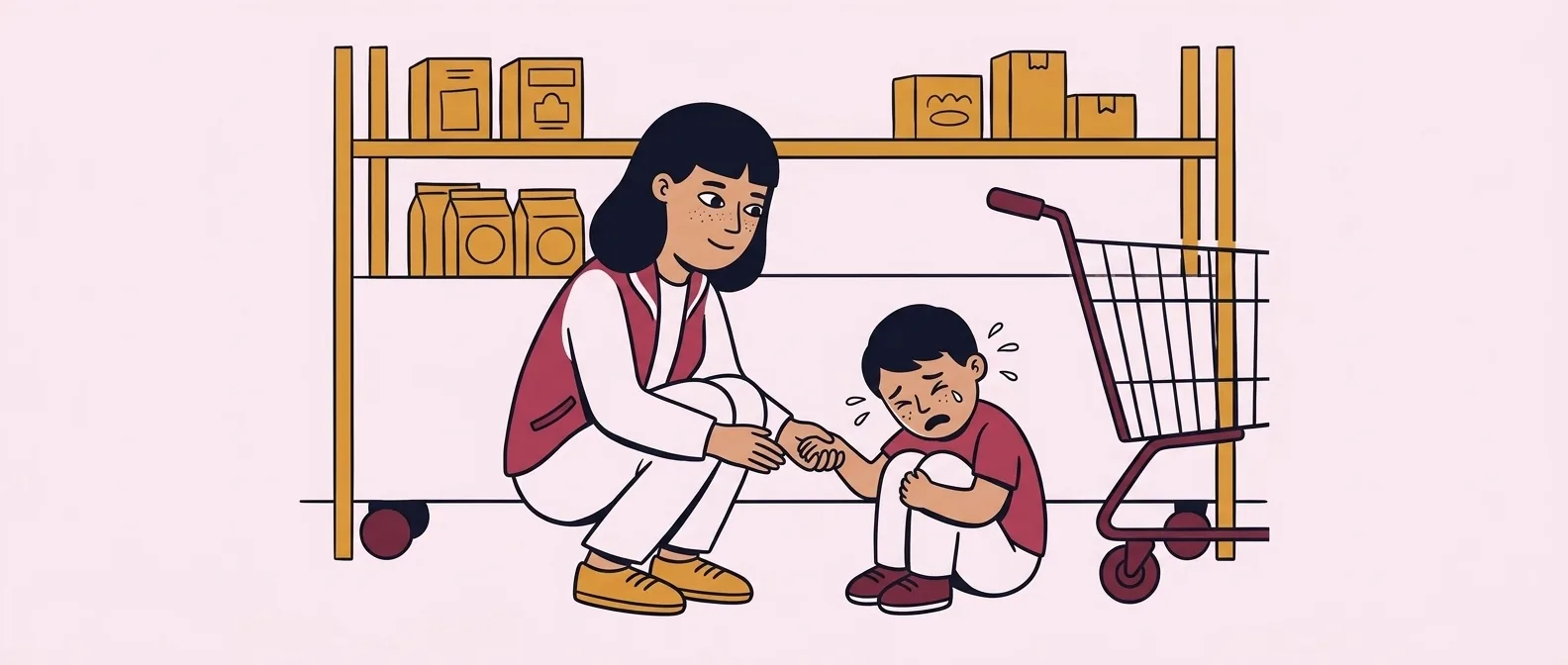 Parent calmly supporting a child having a tantrum in a store