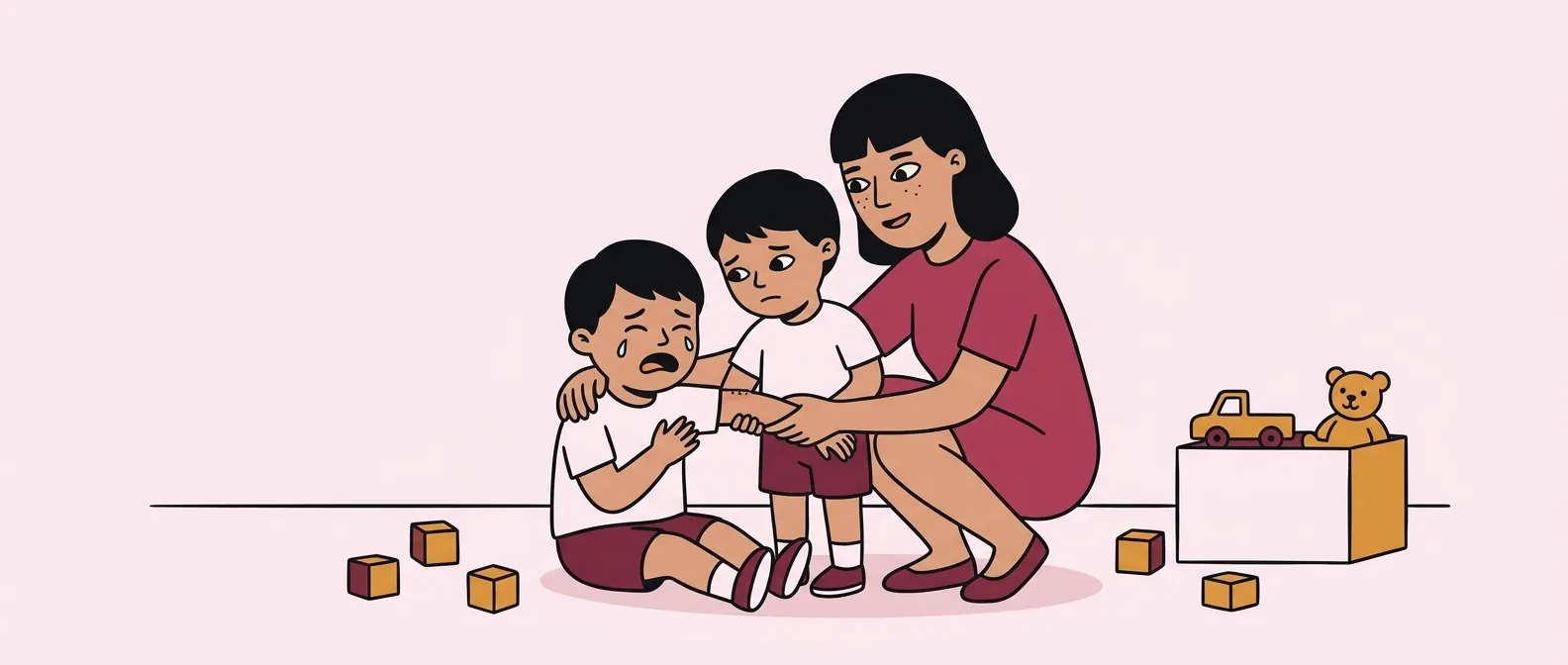 Parent calmly supporting a young child after a biting incident